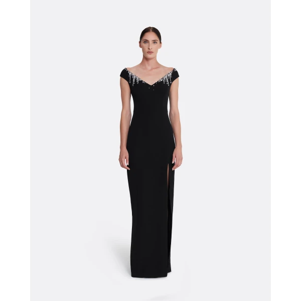 Safiyaa Lucrezia Long Dress in Black with Smoke/crystal - Safiyaa Dresses - Heavy Crepe Cape Gown - Shop at Luxury Shoes 