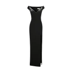 Safiyaa Lucrezia Long Dress in Black with Smoke/crystal - Safiyaa Dresses - Heavy Crepe Cape Gown - Shop at Luxury Shoes 