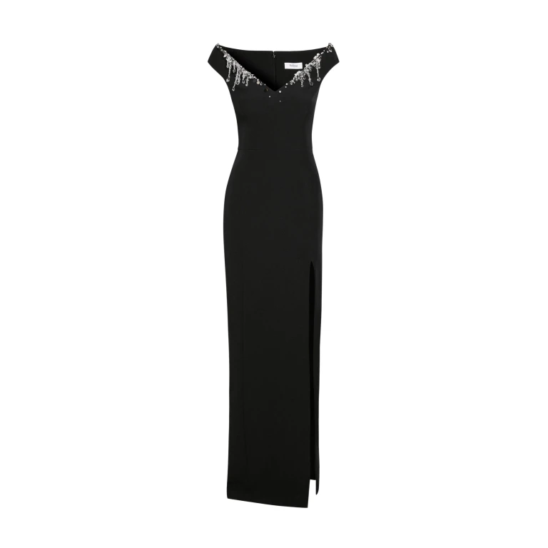 Safiyaa Lucrezia Long Dress in Black with Smoke/crystal - Safiyaa Dresses - Heavy Crepe Cape Gown - Shop at Luxury Shoes 