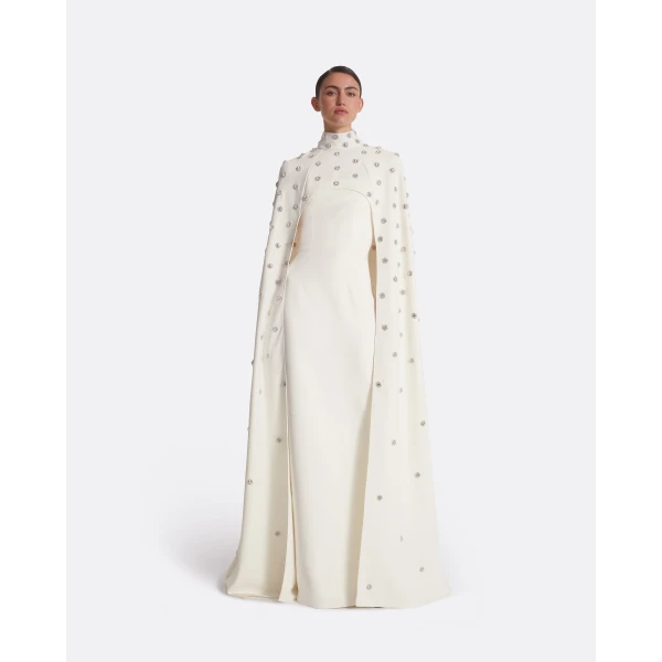 Safiyaa Manore Ivory Harness With Soshin Long Dress - Safiyaa Dresses - Heavy Crepe Cape Gown - Shop at Luxury Shoes 