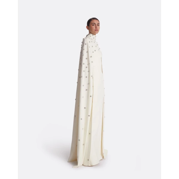 Safiyaa Manore Ivory Harness With Soshin Long Dress - Safiyaa Dresses - Heavy Crepe Cape Gown - Shop at Luxury Shoes 