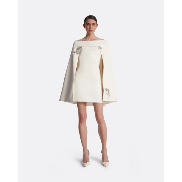 Safiyaa Manorel Ivory Broken Jewellery Embroidered Harness & Rowan Dress - Safiyaa Dresses - Heavy Crepe Cape Gown - Shop at Luxury Shoes 
