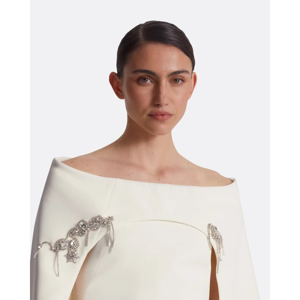Safiyaa Manorel Ivory Broken Jewellery Embroidered Harness & Rowan Dress - Safiyaa Dresses - Heavy Crepe Cape Gown - Shop at Luxury Shoes 
