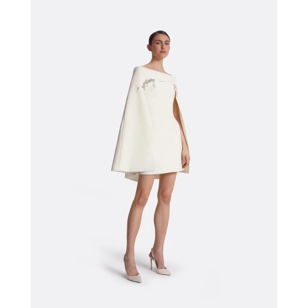 Safiyaa Manorel Ivory Broken Jewellery Embroidered Harness & Rowan Dress - Safiyaa Dresses - Heavy Crepe Cape Gown - Shop at Luxury Shoes 