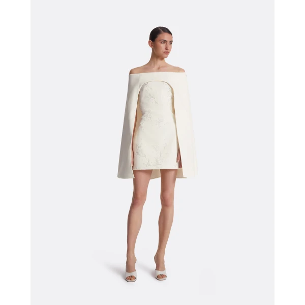 Safiyaa Manorel Ivory Harness & Rowan Fern Embroidered Dress - Safiyaa Dresses - Heavy Crepe Cape Gown - Shop at Luxury Shoes 