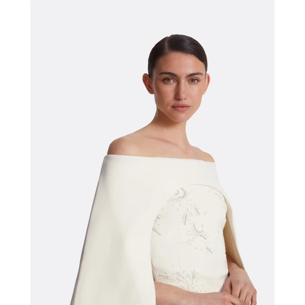 Safiyaa Manorel Ivory Harness & Rowan Fern Embroidered Dress - Safiyaa Dresses - Heavy Crepe Cape Gown - Shop at Luxury Shoes 