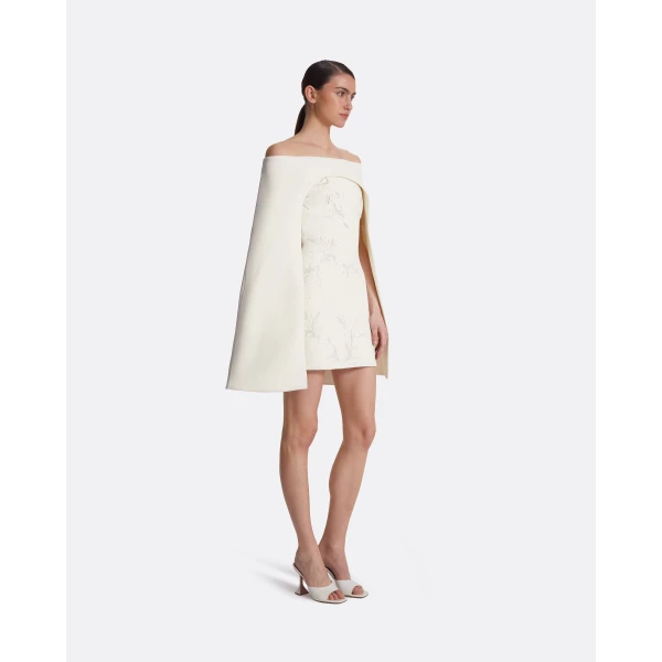 Safiyaa Manorel Ivory Harness & Rowan Fern Embroidered Dress - Safiyaa Dresses - Heavy Crepe Cape Gown - Shop at Luxury Shoes 
