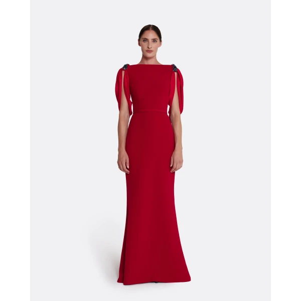 Safiyaa Mariah Long Dress in Cherry Red on Azalea with Multi-blues - Safiyaa Dresses - Heavy Crepe Cape Gown - Shop at Luxury Shoes 
