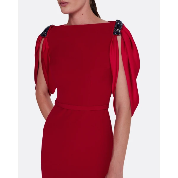 Safiyaa Mariah Long Dress in Cherry Red on Azalea with Multi-blues - Safiyaa Dresses - Heavy Crepe Cape Gown - Shop at Luxury Shoes 