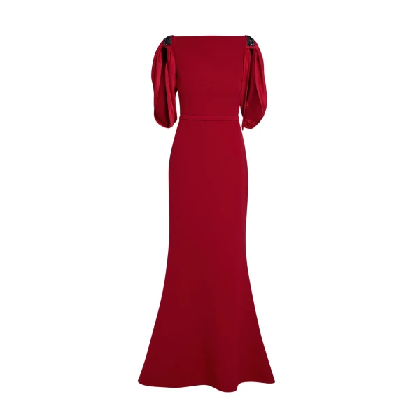 Safiyaa Mariah Long Dress in Cherry Red on Azalea with Multi-blues - Safiyaa Dresses - Heavy Crepe Cape Gown - Shop at Luxury Shoes 