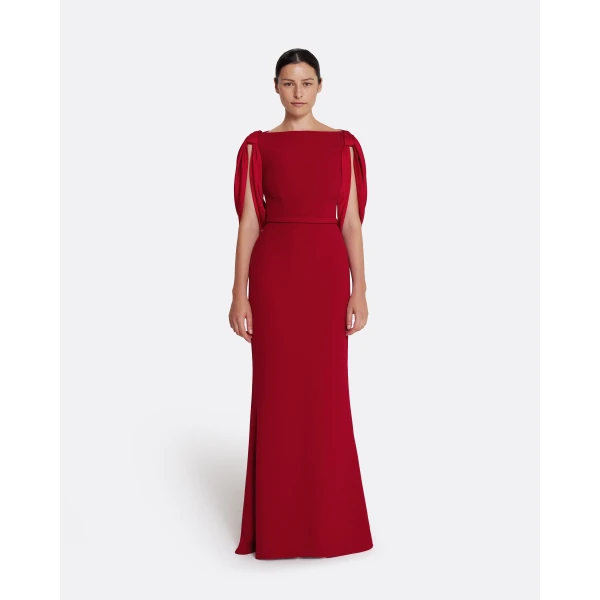 Safiyaa Mimi Long Dress in Cherry Red on Azalea Red - Safiyaa Dresses - Heavy Crepe Cape Gown - Shop at Luxury Shoes 