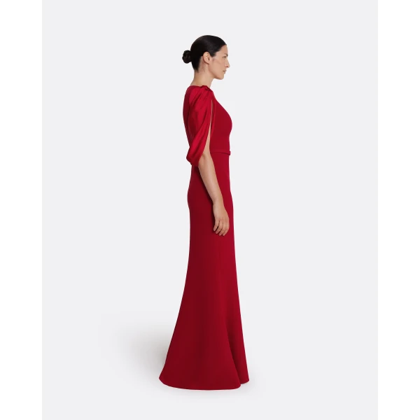 Safiyaa Mimi Long Dress in Cherry Red on Azalea Red - Safiyaa Dresses - Heavy Crepe Cape Gown - Shop at Luxury Shoes 