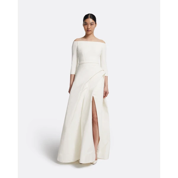 Safiyaa Nila Long Dress in Ivory - Safiyaa Dresses - Heavy Crepe Cape Gown - Shop at Luxury Shoes 