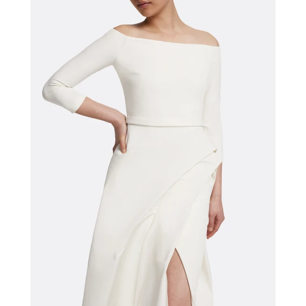 Safiyaa Nila Long Dress in Ivory - Safiyaa Dresses - Heavy Crepe Cape Gown - Shop at Luxury Shoes 