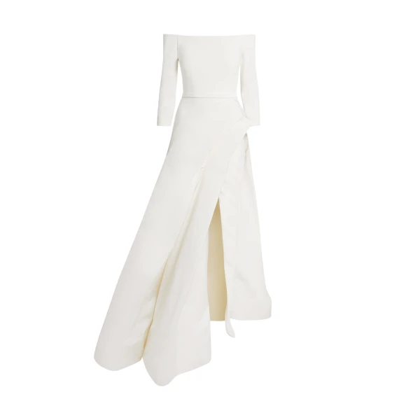 Safiyaa Nila Long Dress in Ivory - Safiyaa Dresses - Heavy Crepe Cape Gown - Shop at Luxury Shoes 