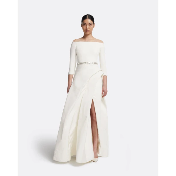 Safiyaa Nila Long Dress in Ivory with Crystal - Safiyaa Dresses - Heavy Crepe Cape Gown - Shop at Luxury Shoes 