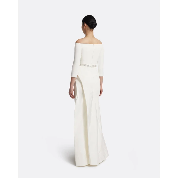Safiyaa Nila Long Dress in Ivory with Crystal - Safiyaa Dresses - Heavy Crepe Cape Gown - Shop at Luxury Shoes 