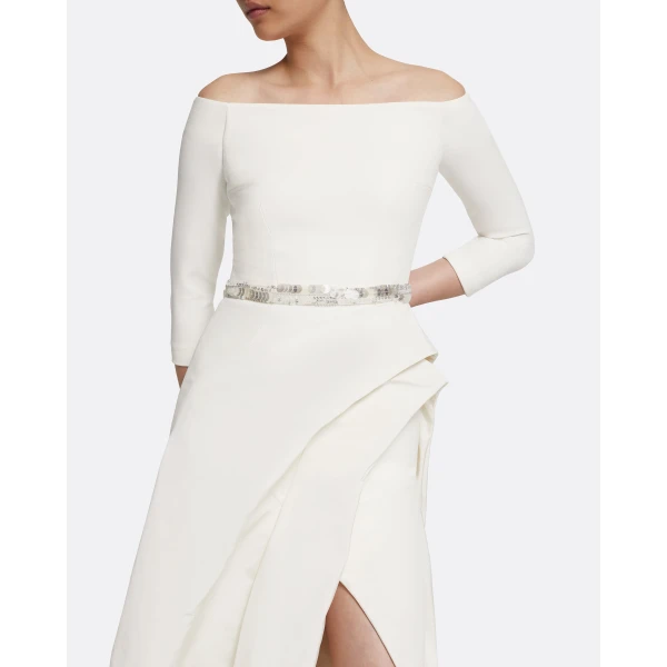 Safiyaa Nila Long Dress in Ivory with Crystal - Safiyaa Dresses - Heavy Crepe Cape Gown - Shop at Luxury Shoes 