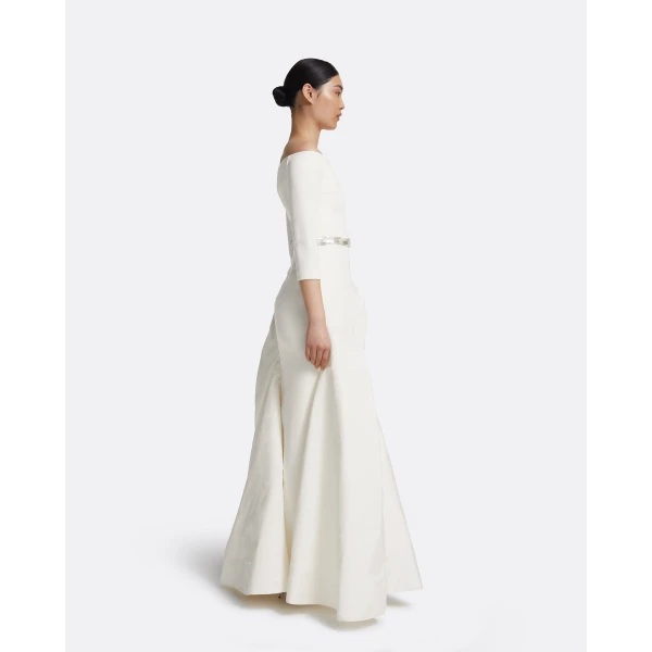 Safiyaa Nila Long Dress in Ivory with Crystal - Safiyaa Dresses - Heavy Crepe Cape Gown - Shop at Luxury Shoes 