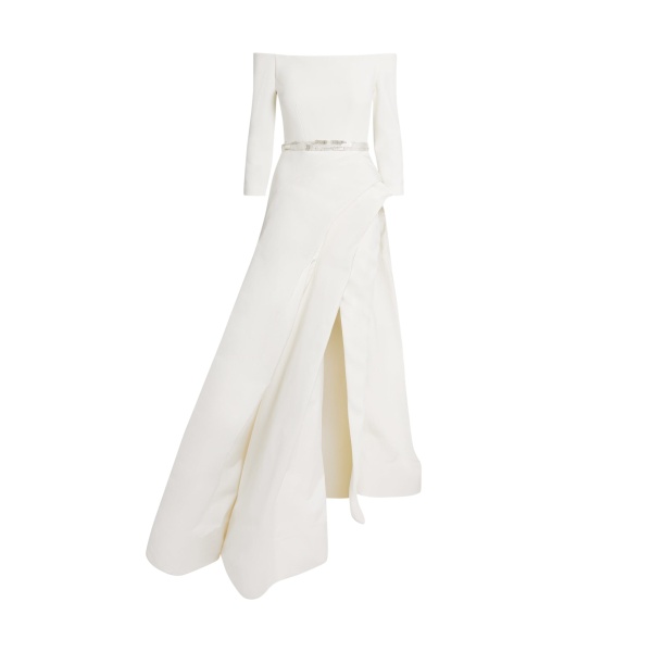 Safiyaa Nila Long Dress in Ivory with Crystal - Safiyaa Dresses - Heavy Crepe Cape Gown - Shop at Luxury Shoes 