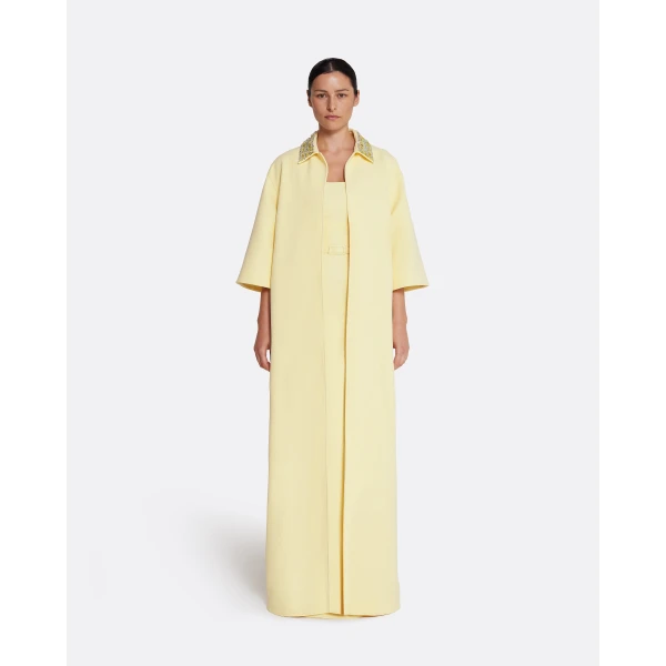 Safiyaa Ninetta Jacket in Pale Yellow with Gold - Safiyaa Jackets - Heavy Crepe Cape Gown - Shop at Luxury Shoes 