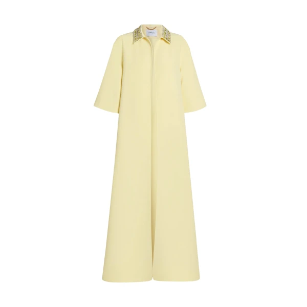 Safiyaa Ninetta Jacket in Pale Yellow with Gold - Safiyaa Jackets - Heavy Crepe Cape Gown - Shop at Luxury Shoes 