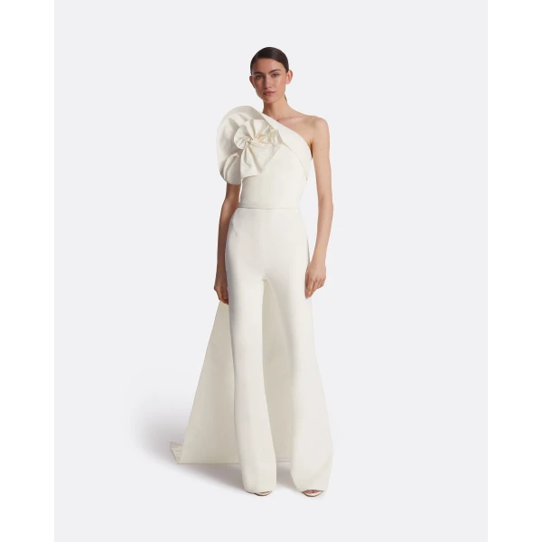 Safiyaa Omi Ivory Jumpsuit - Safiyaa Jumpsuit - Heavy Crepe Cape Gown - Shop at Luxury Shoes 