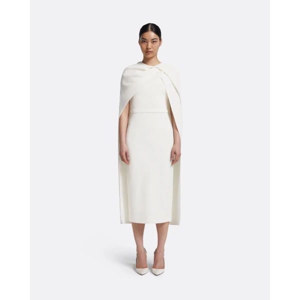 Safiyaa Oria Midi Dress in Ivory - Safiyaa Dresses - Heavy Crepe Cape Gown - Shop at Luxury Shoes 