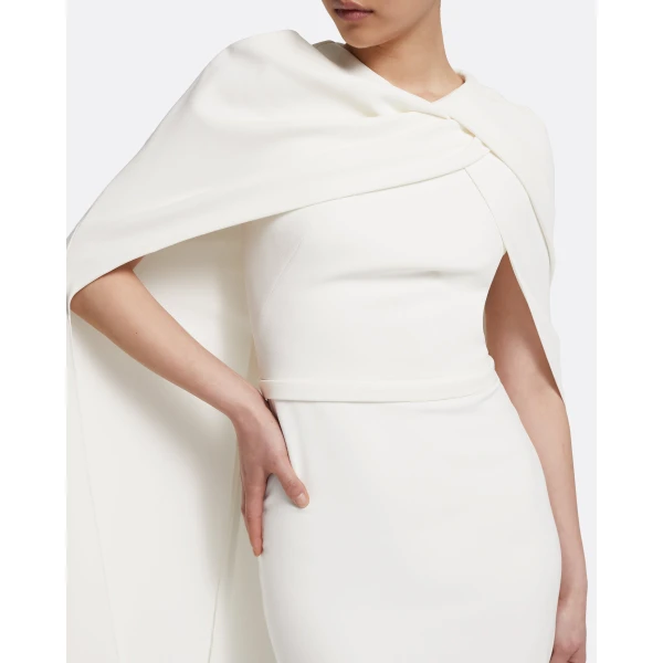 Safiyaa Oria Midi Dress in Ivory - Safiyaa Dresses - Heavy Crepe Cape Gown - Shop at Luxury Shoes 