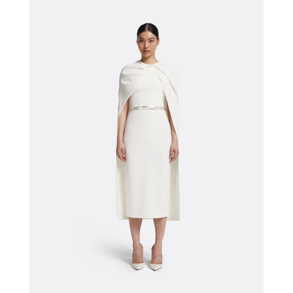 Safiyaa Oria Midi Dress in Ivory with Crystal - Safiyaa Dresses - Heavy Crepe Cape Gown - Shop at Luxury Shoes 