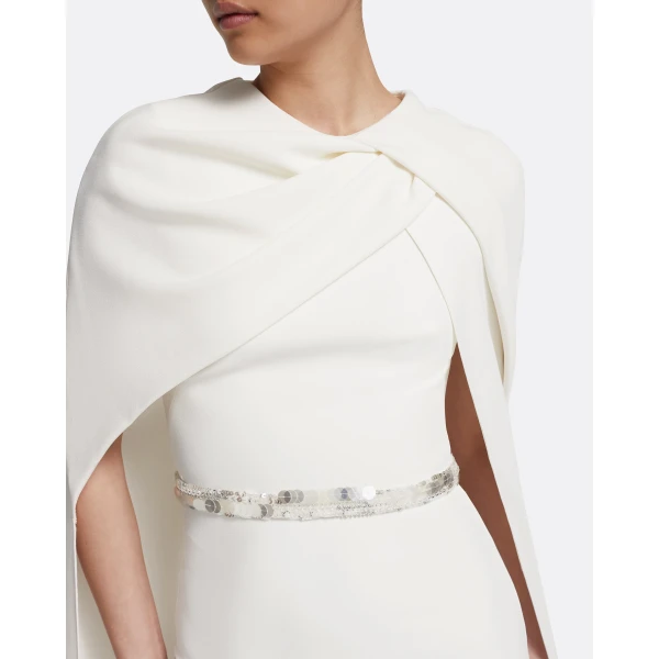 Safiyaa Oria Midi Dress in Ivory with Crystal - Safiyaa Dresses - Heavy Crepe Cape Gown - Shop at Luxury Shoes 