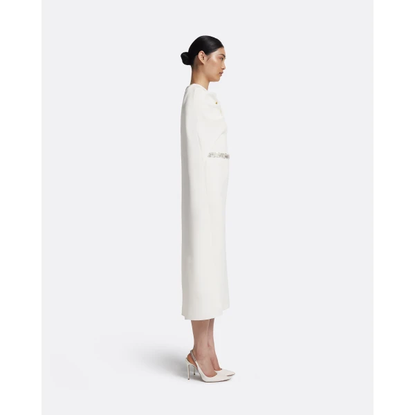 Safiyaa Oria Midi Dress in Ivory with Crystal - Safiyaa Dresses - Heavy Crepe Cape Gown - Shop at Luxury Shoes 