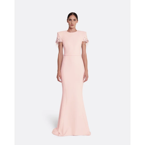 Safiyaa Parker Long Dress Long in Pale Pink with Multi-pastel - Safiyaa Dresses - Heavy Crepe Cape Gown - Shop at Luxury Shoes 