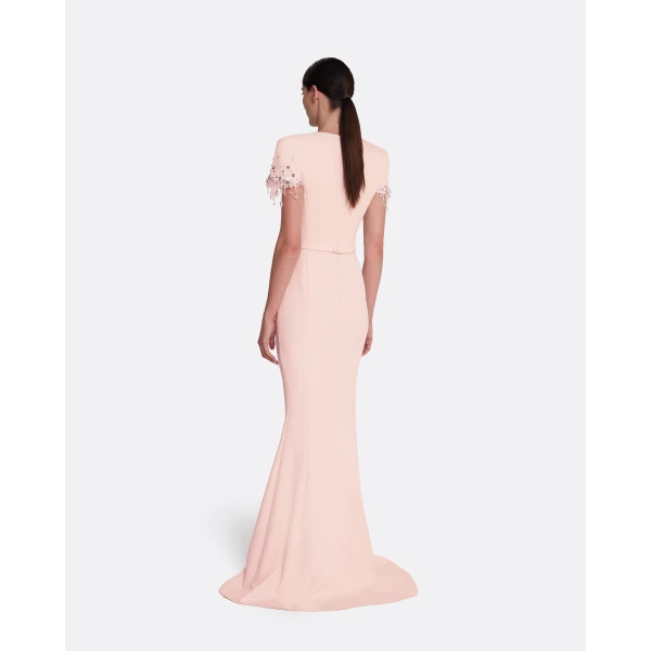 Safiyaa Parker Long Dress Long in Pale Pink with Multi-pastel - Safiyaa Dresses - Heavy Crepe Cape Gown - Shop at Luxury Shoes 