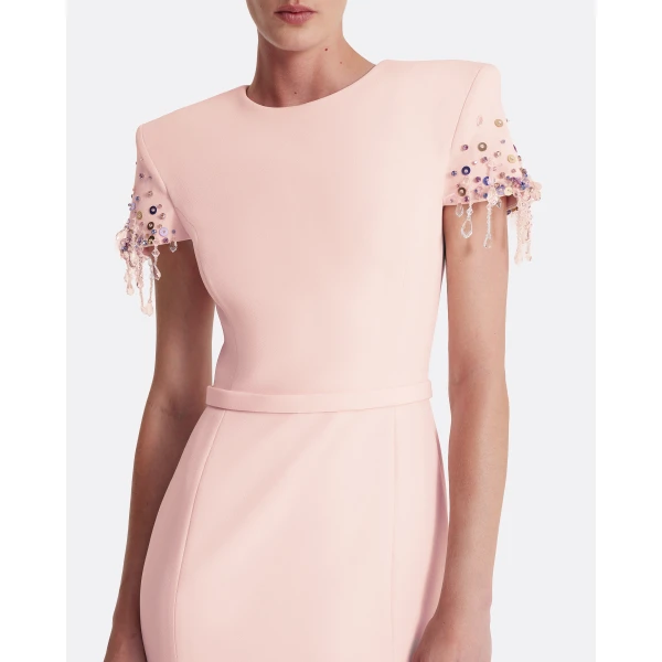 Safiyaa Parker Long Dress Long in Pale Pink with Multi-pastel - Safiyaa Dresses - Heavy Crepe Cape Gown - Shop at Luxury Shoes 
