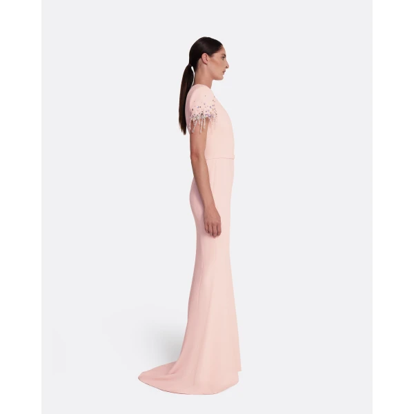 Safiyaa Parker Long Dress Long in Pale Pink with Multi-pastel - Safiyaa Dresses - Heavy Crepe Cape Gown - Shop at Luxury Shoes 
