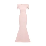 Safiyaa Parker Long Dress Long in Pale Pink with Multi-pastel - Safiyaa Dresses - Heavy Crepe Cape Gown - Shop at Luxury Shoes 