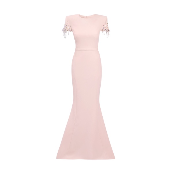 Safiyaa Parker Long Dress Long in Pale Pink with Multi-pastel - Safiyaa Dresses - Heavy Crepe Cape Gown - Shop at Luxury Shoes 