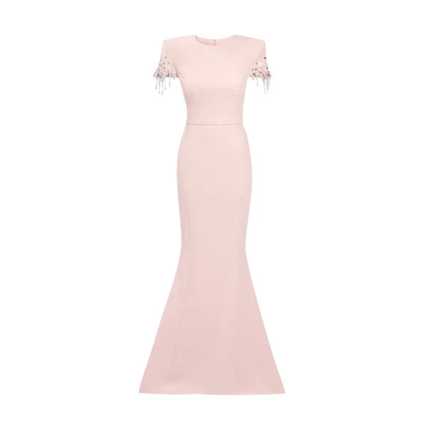 Safiyaa Parker Long Dress Long in Pale Pink with Multi-pastel - Safiyaa Dresses - Heavy Crepe Cape Gown - Shop at Luxury Shoes 