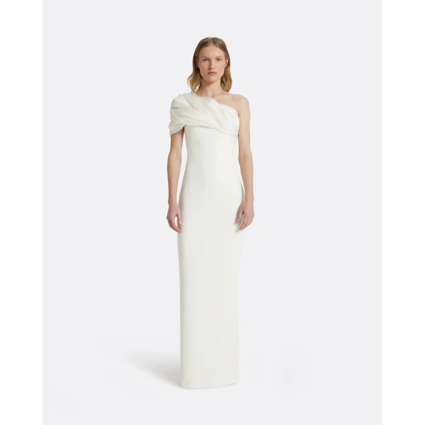 Safiyaa Portan Ivory Long Dress - Safiyaa Dresses - Heavy Crepe Cape Gown - Shop at Luxury Shoes 