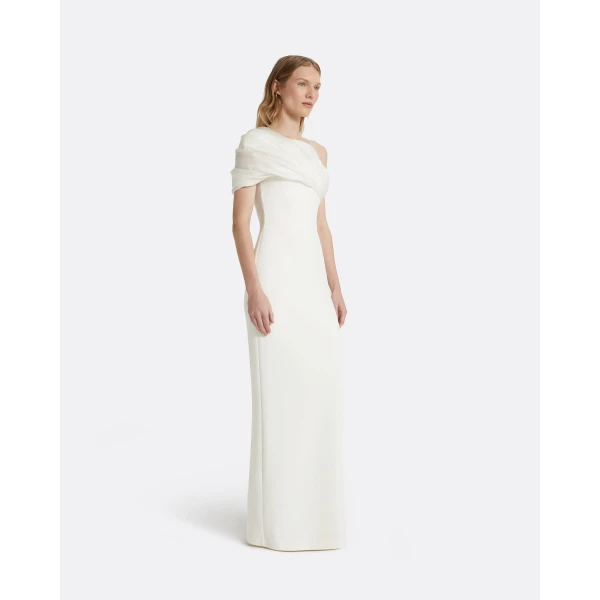 Safiyaa Portan Ivory Long Dress - Safiyaa Dresses - Heavy Crepe Cape Gown - Shop at Luxury Shoes 