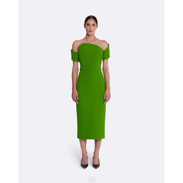 Safiyaa Raffaella Midi Dress in Verdant Green - Safiyaa Dresses - Heavy Crepe Cape Gown - Shop at Luxury Shoes 