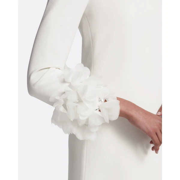 Safiyaa Reffie Short Dress in Ivory with Ivory Appliqué - Safiyaa Dresses - Heavy Crepe Cape Gown - Shop at Luxury Shoes 