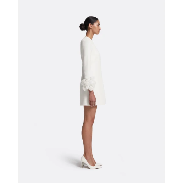 Safiyaa Reffie Short Dress in Ivory with Ivory Appliqué - Safiyaa Dresses - Heavy Crepe Cape Gown - Shop at Luxury Shoes 
