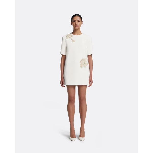 Safiyaa Ripley Short Dress in Ivory with Pearl - Safiyaa Dresses - Heavy Crepe Cape Gown - Shop at Luxury Shoes 