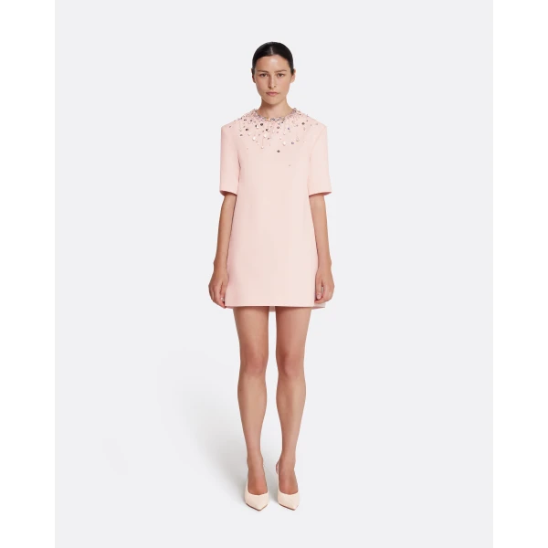 Safiyaa Ripley Short Dress in Pale Pink with Multi-pastels Embellishment - Safiyaa Dresses - Heavy Crepe Cape Gown - Shop at Luxury Shoes 