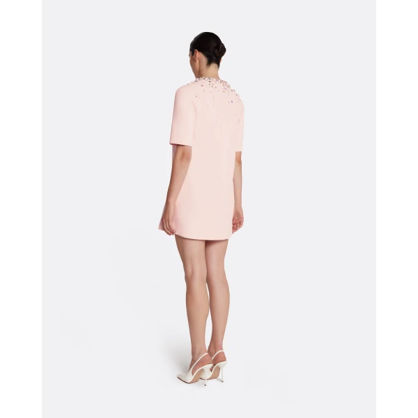 Safiyaa Ripley Short Dress in Pale Pink with Multi-pastels Embellishment - Safiyaa Dresses - Heavy Crepe Cape Gown - Shop at Luxury Shoes 