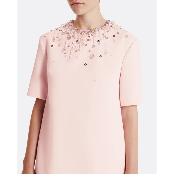 Safiyaa Ripley Short Dress in Pale Pink with Multi-pastels Embellishment - Safiyaa Dresses - Heavy Crepe Cape Gown - Shop at Luxury Shoes 