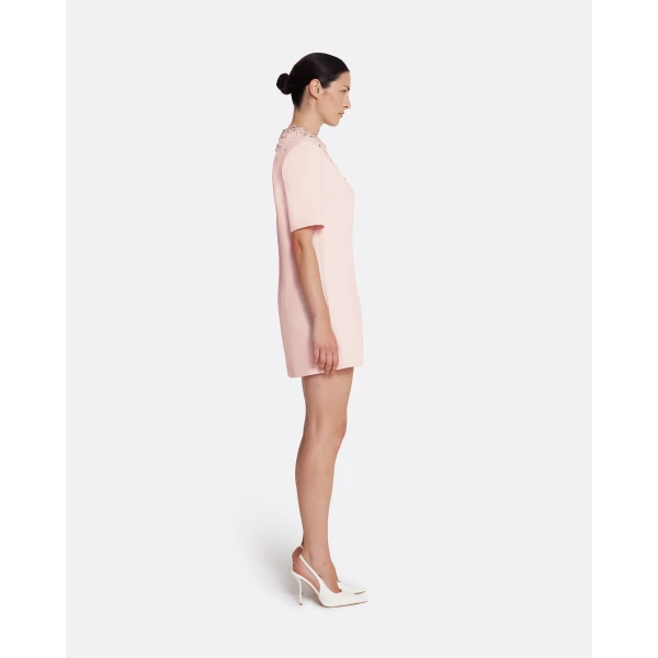 Safiyaa Ripley Short Dress in Pale Pink with Multi-pastels Embellishment - Safiyaa Dresses - Heavy Crepe Cape Gown - Shop at Luxury Shoes 