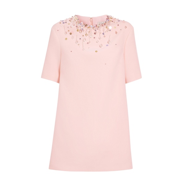 Safiyaa Ripley Short Dress in Pale Pink with Multi-pastels Embellishment - Safiyaa Dresses - Heavy Crepe Cape Gown - Shop at Luxury Shoes 